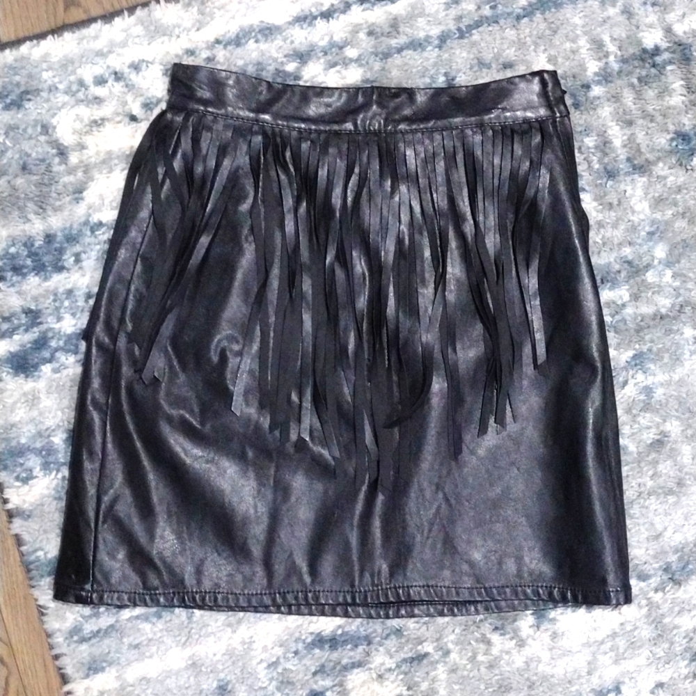 Faux leather fringed skirt